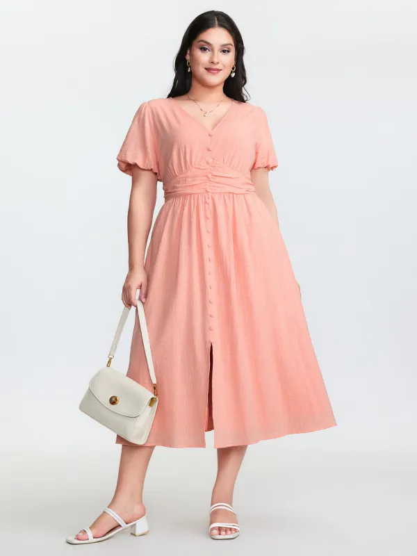 Cotton Textured Pleated Waist Placket Button Maxi Dress made by Bloomchic