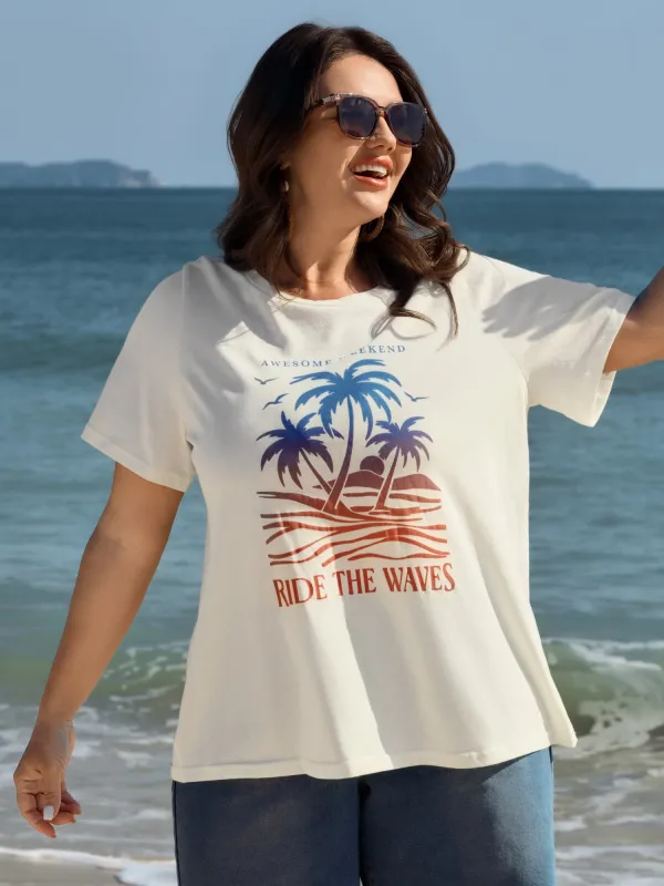 Island Print Round Neck Plain T-Shirt sold by Bloomchic