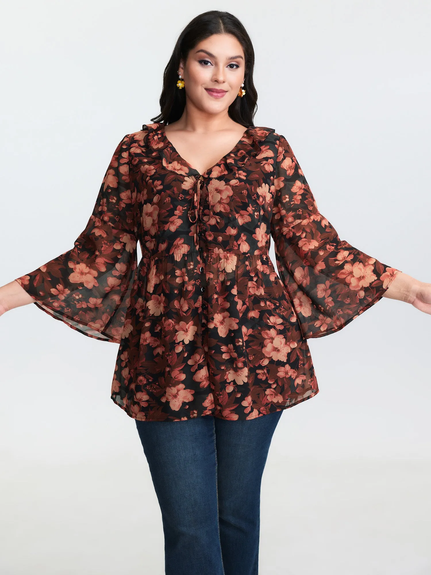 Floral Print Ruffled Neckline Blouse sold by Bloomchic