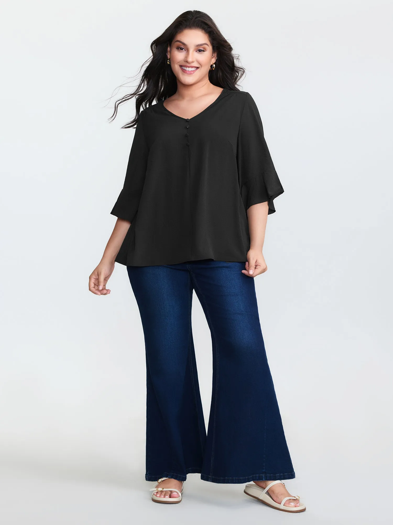 Flared Sleeve V-Neck Drape Blouse sold by Bloomchic product image thumbnail 2