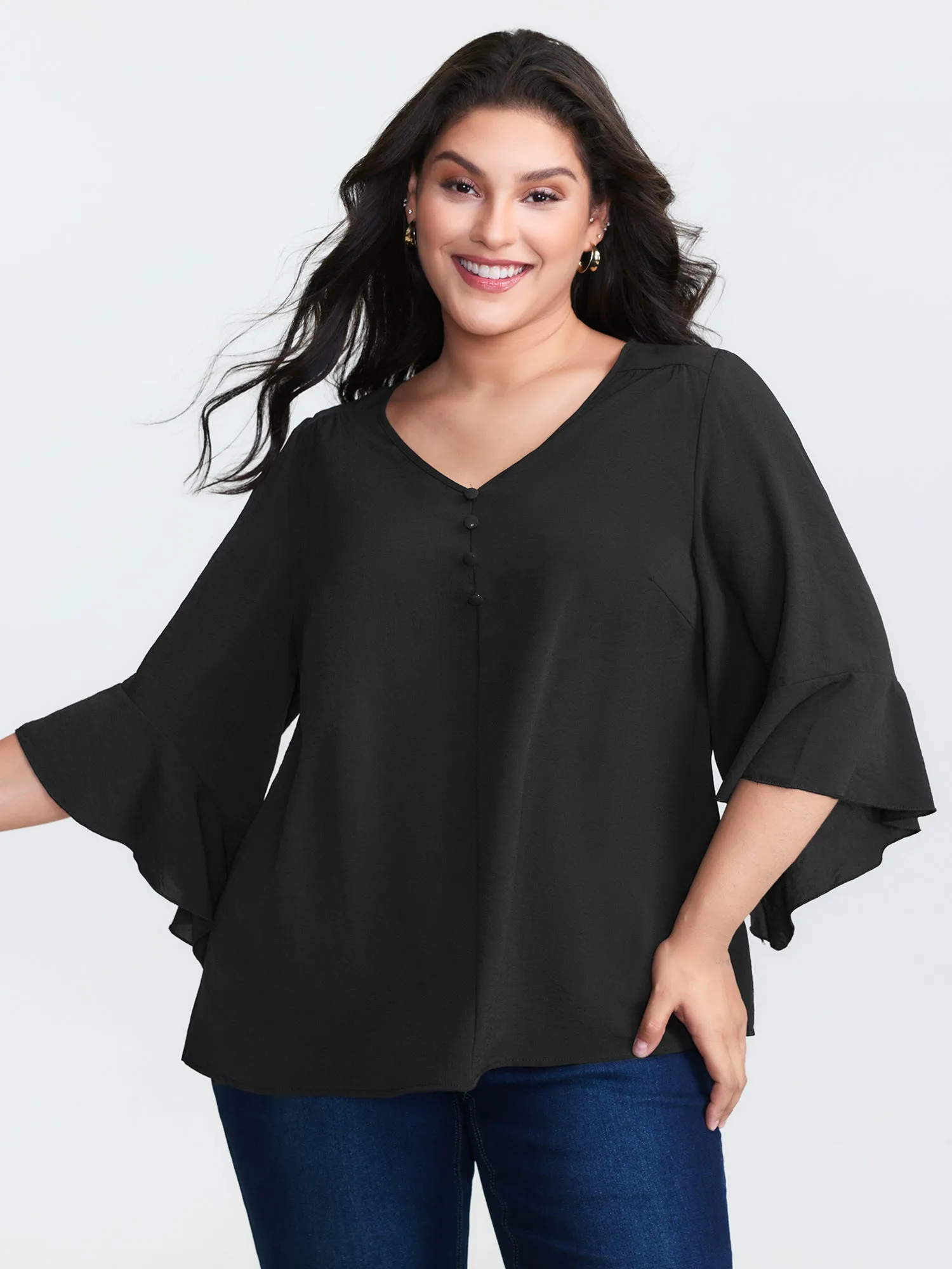 Flared Sleeve V-Neck Drape Blouse sold by Bloomchic
