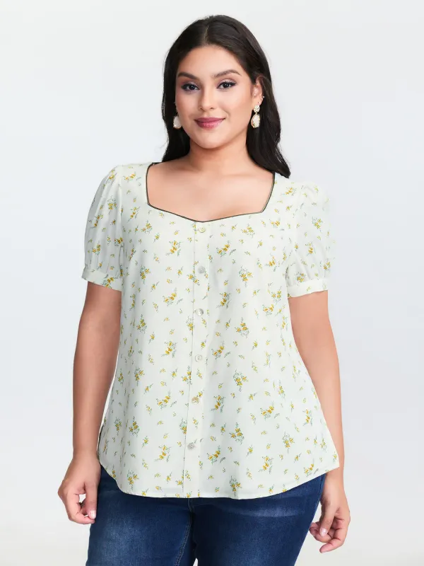 Floral Print Button Detail Color Contrast Blouse sold by Bloomchic