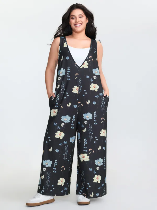 Stretchy Floral Print V-Neck Jumpsuit sold by Bloomchic