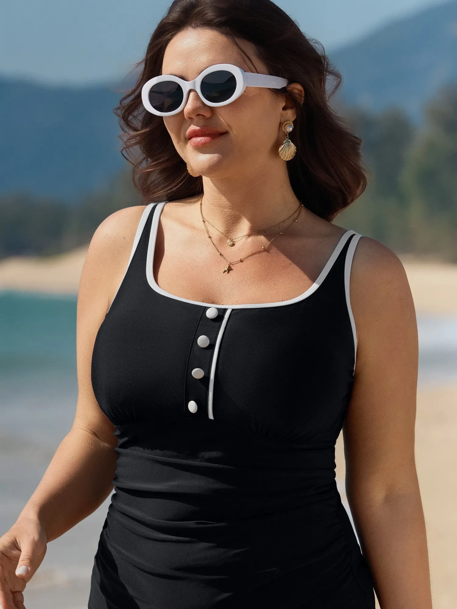 Button Detail Color Contrast One-Piece Swimsuit sold by Bloomchic product image thumbnail 2