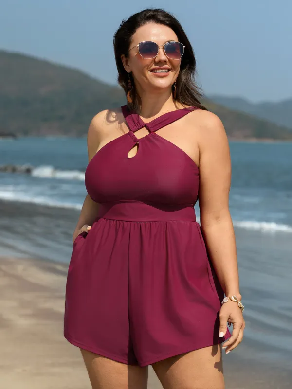 Cut-Out Neckline Cinched Waist Swim Romper made by Bloomchic