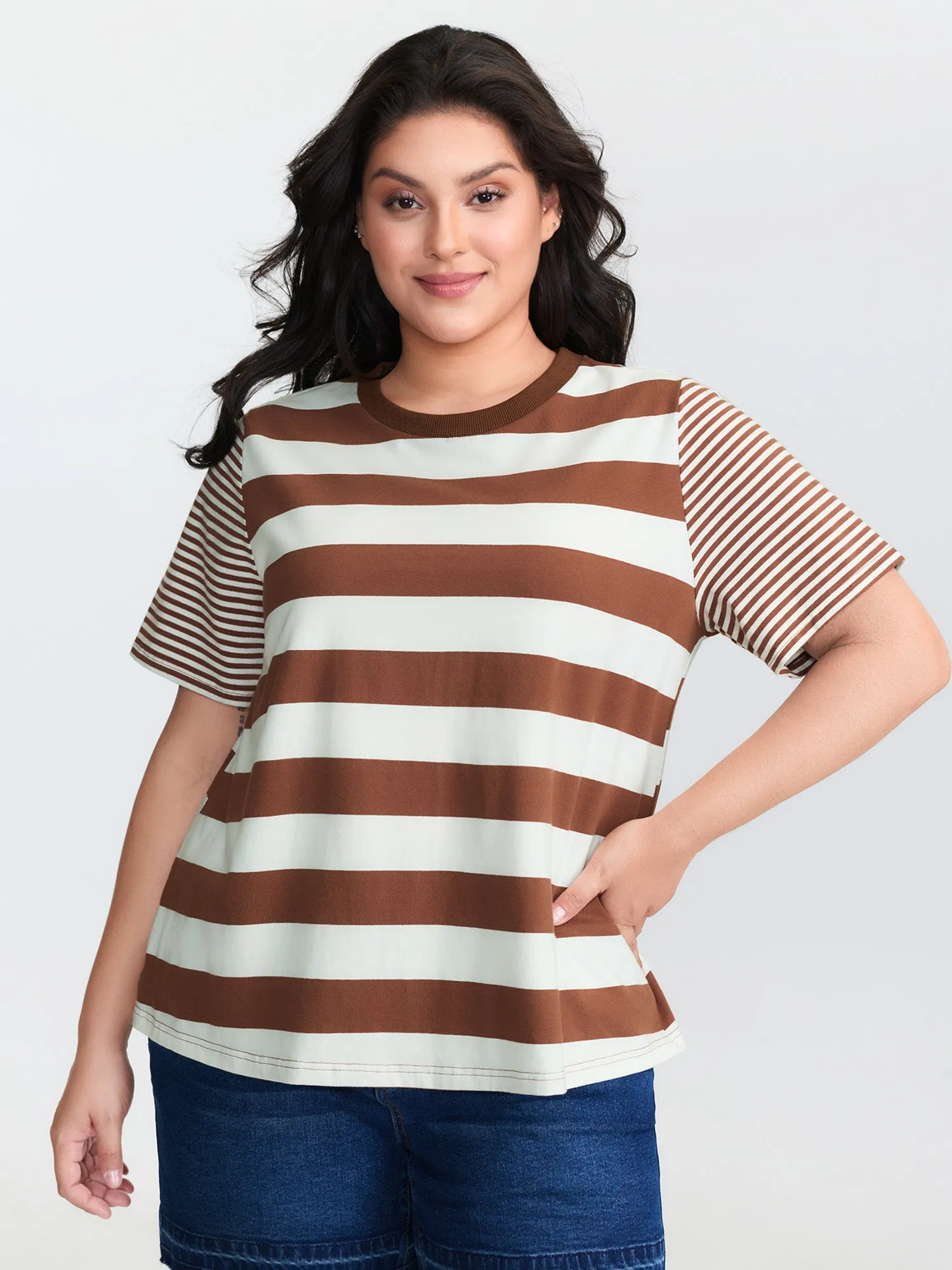 Cotton Striped Print Spliced Round Neck T-Shirt sold by Bloomchic