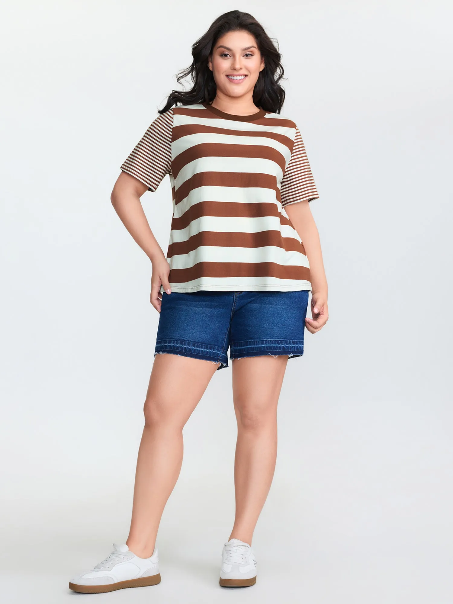 Cotton Striped Print Spliced Round Neck T-Shirt sold by Bloomchic product image thumbnail 3
