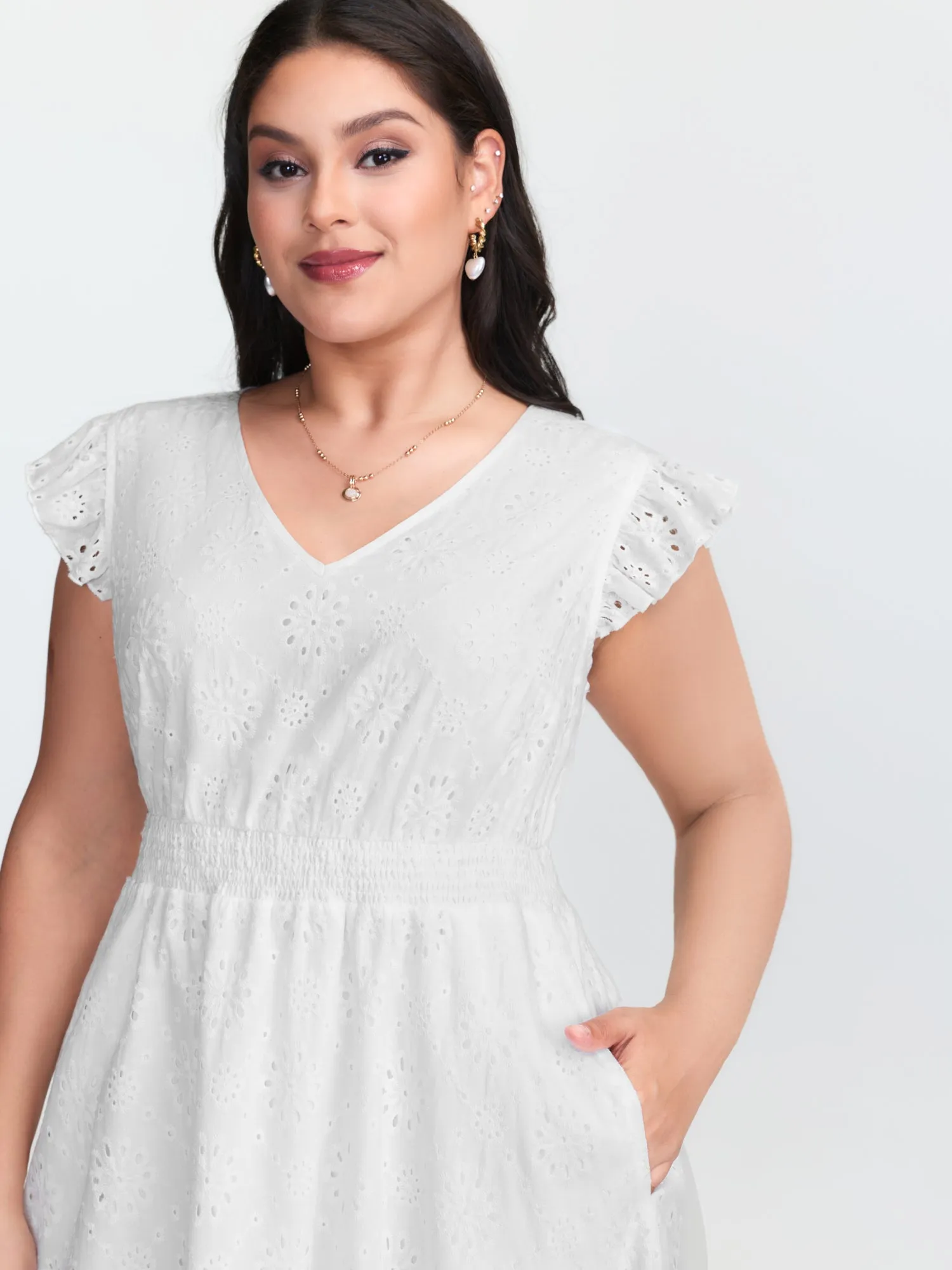 Cotton Lace Flutter Sleeve Midi Dress sold by Bloomchic product image thumbnail 2