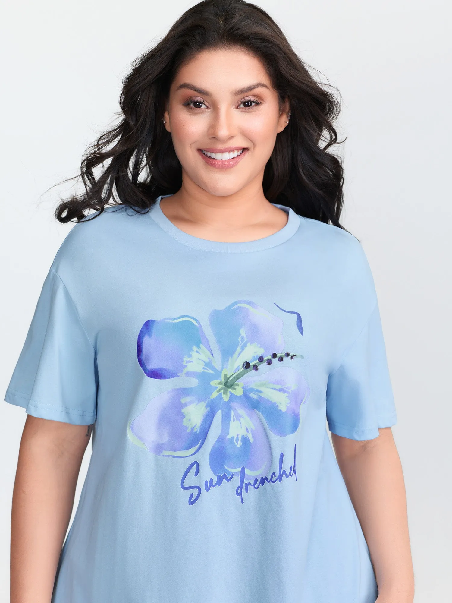 Cotton Floral Motif Drop Shoulder T-Shirt sold by Bloomchic