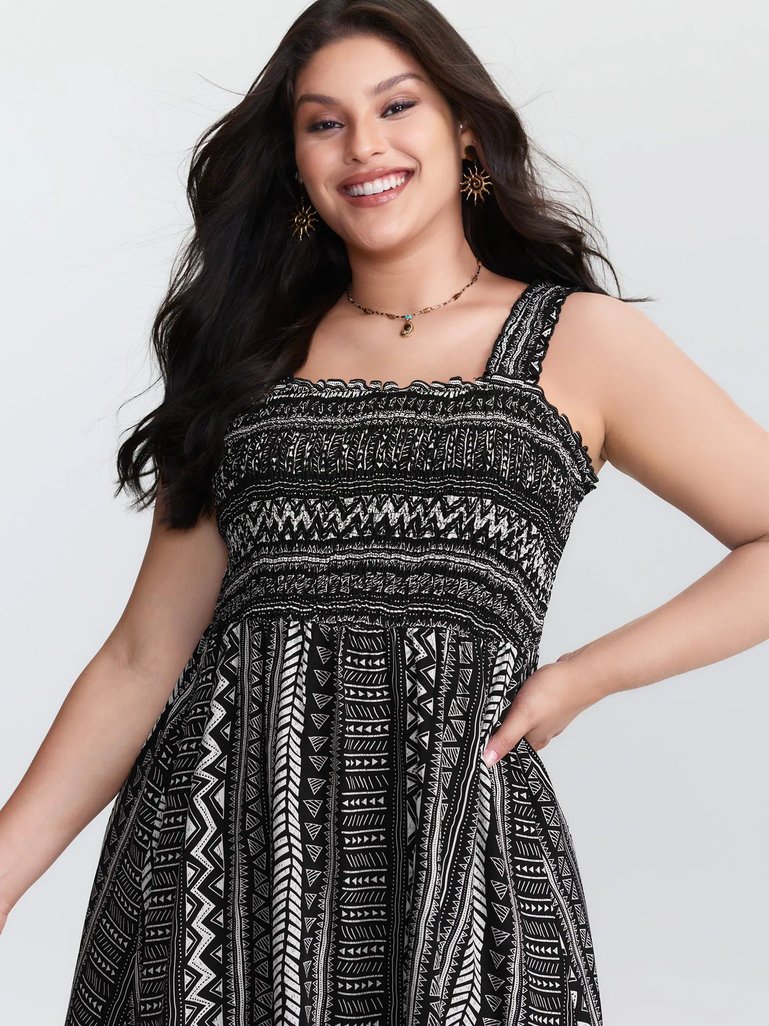 Monochrome Striped Shirred Wide-Straps Midi Dress sold by Bloomchic product image thumbnail 2