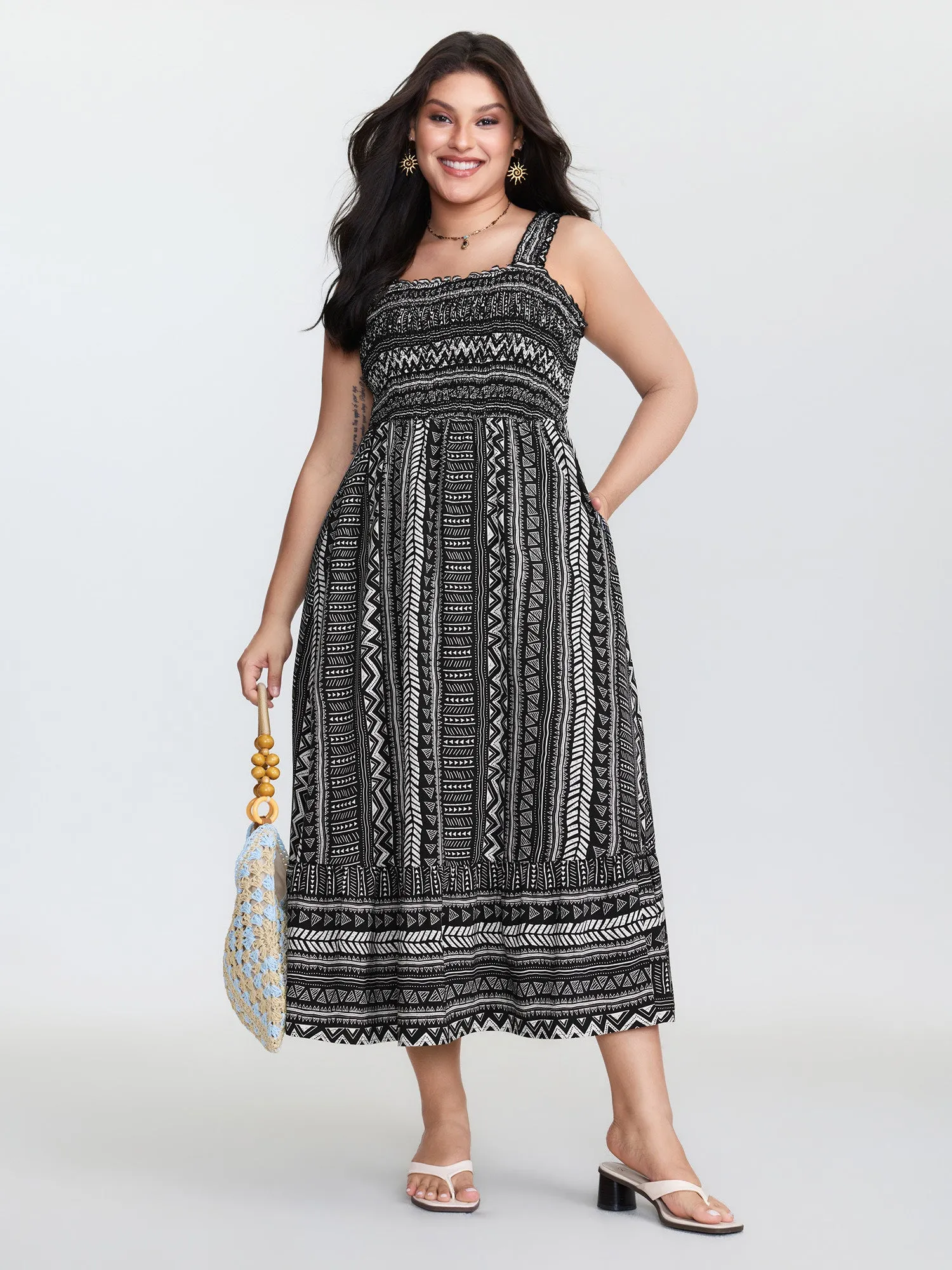 Monochrome Striped Shirred Wide-Straps Midi Dress sold by Bloomchic product image thumbnail 3