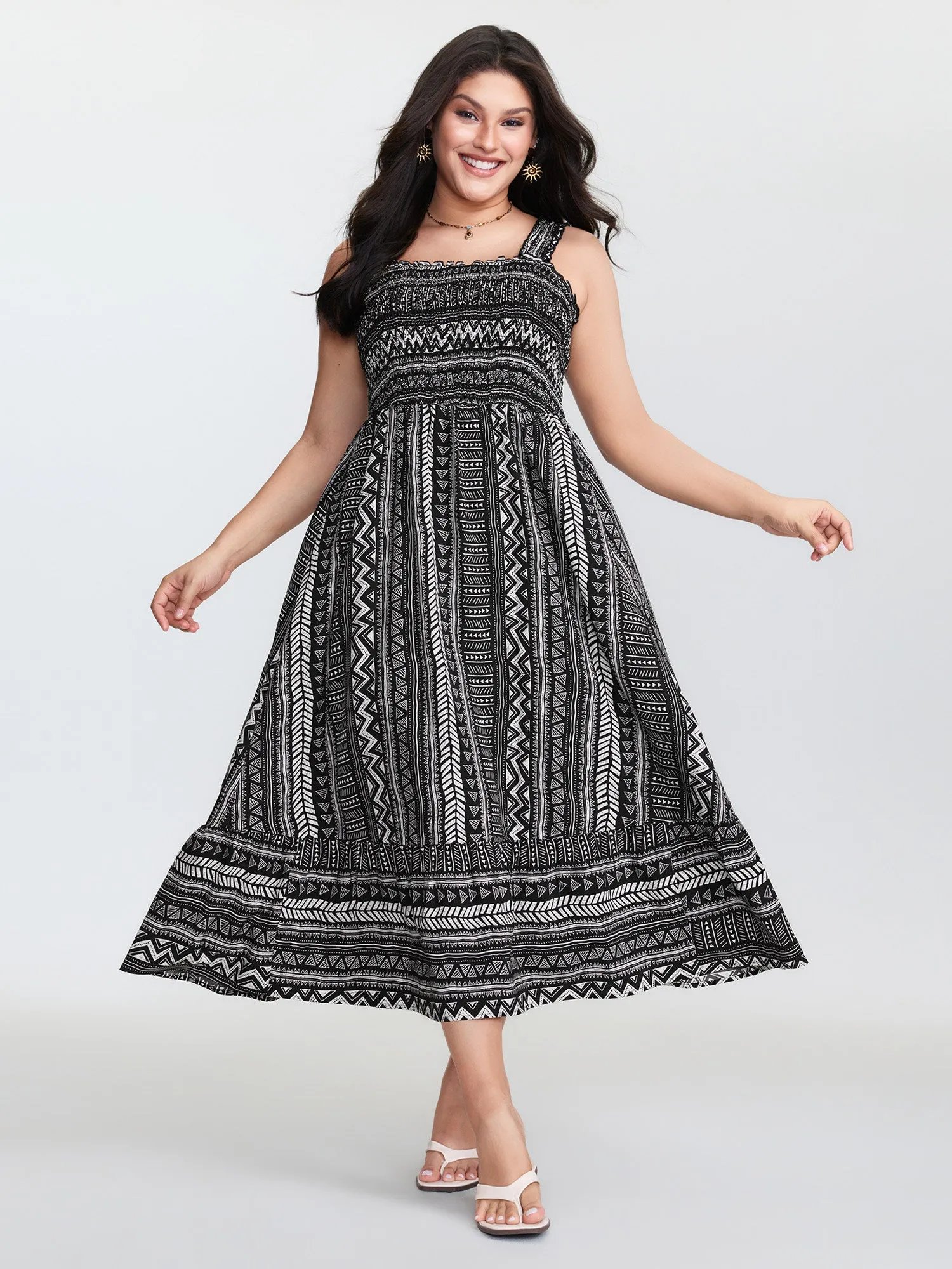 Monochrome Striped Shirred Wide-Straps Midi Dress sold by Bloomchic