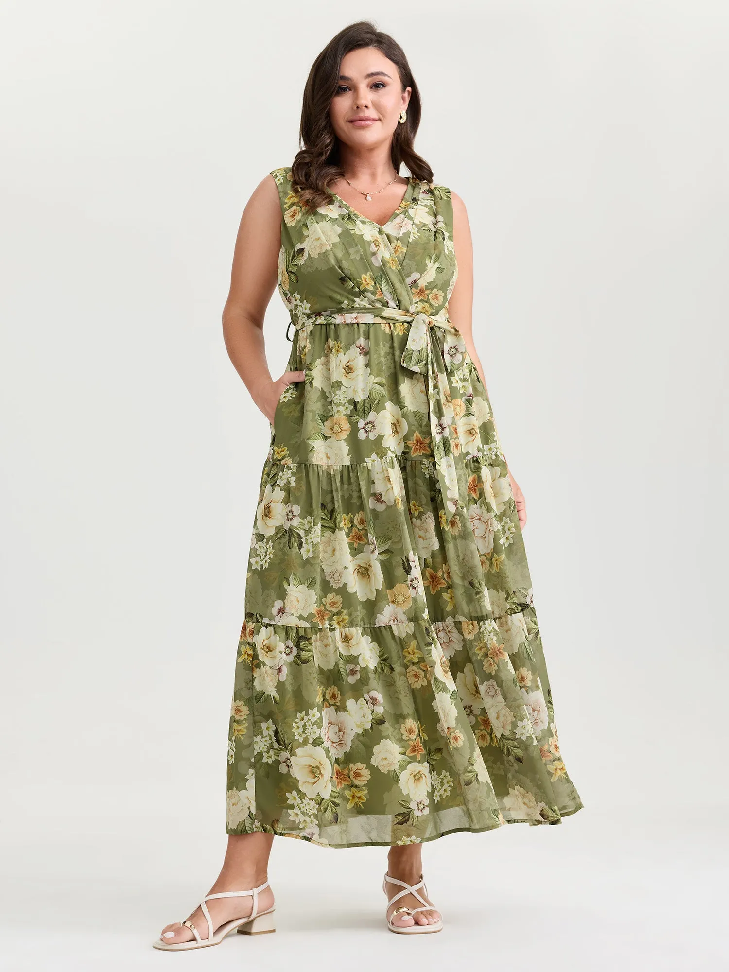 Large Floral Print Waist-Tie Tiered Maxi Dress sold by Bloomchic product image thumbnail 3