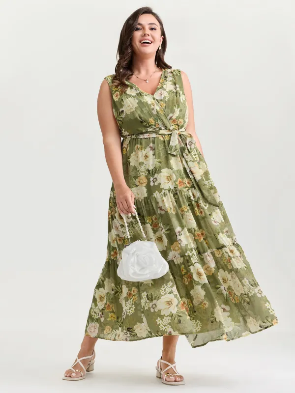 Large Floral Print Waist-Tie Tiered Maxi Dress made by Bloomchic