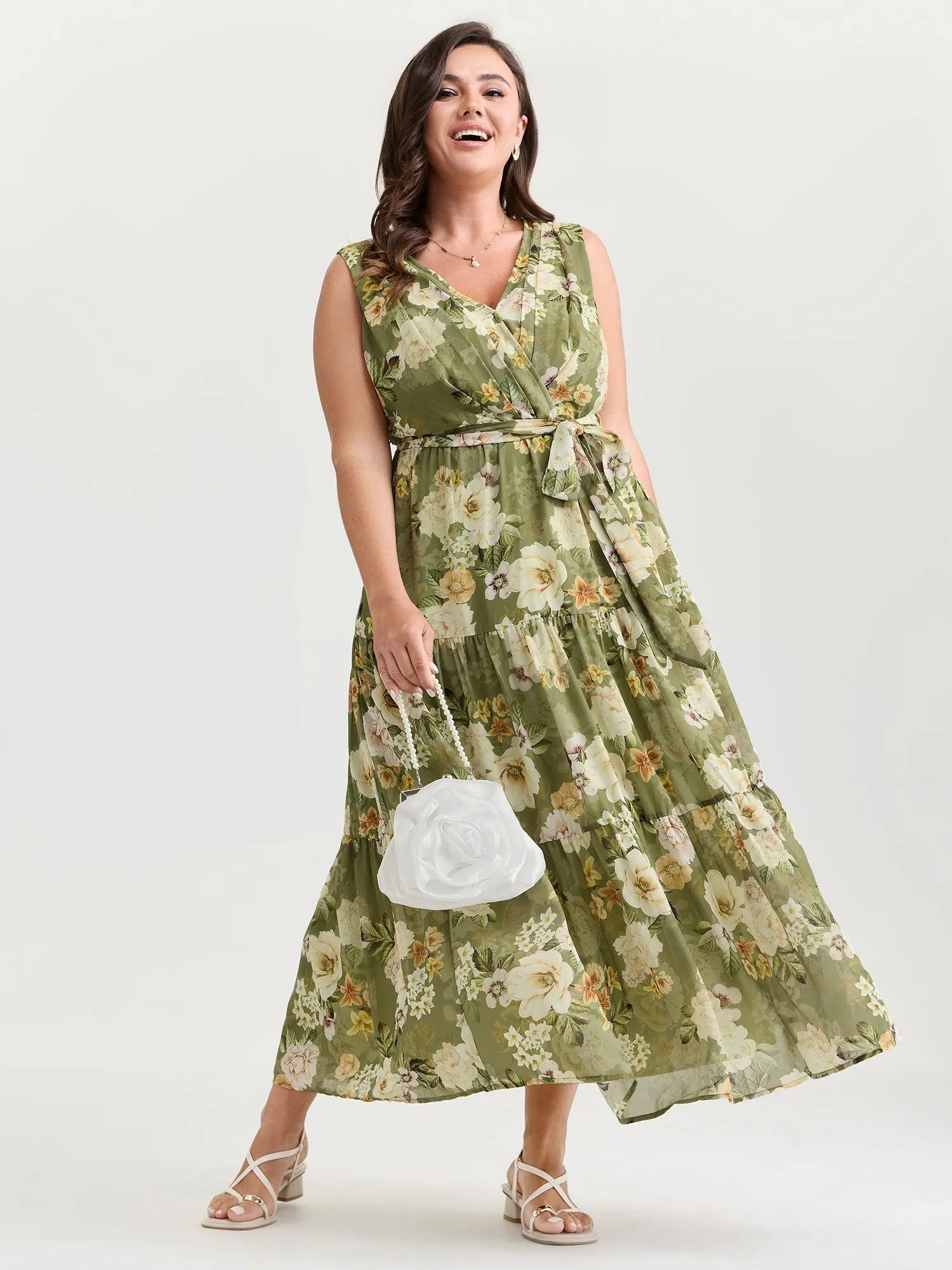 Large Floral Print Waist-Tie Tiered Maxi Dress sold by Bloomchic