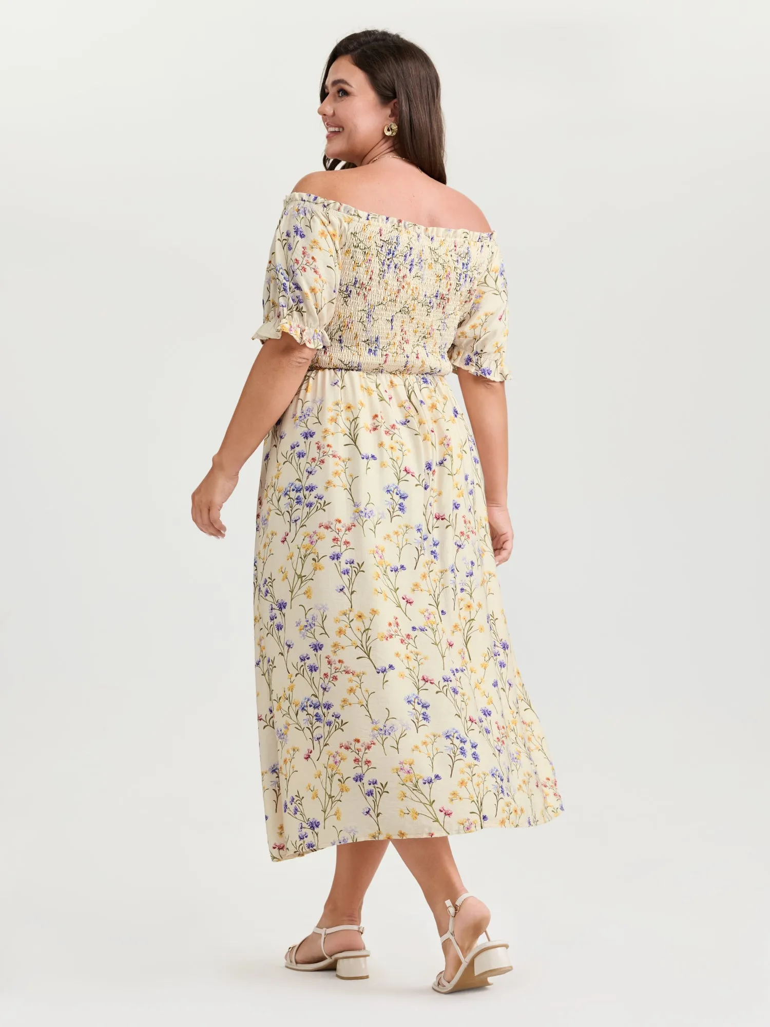 Vanilla Print Shirred Off-Shoulder Midi Dress sold by Bloomchic product image thumbnail 4