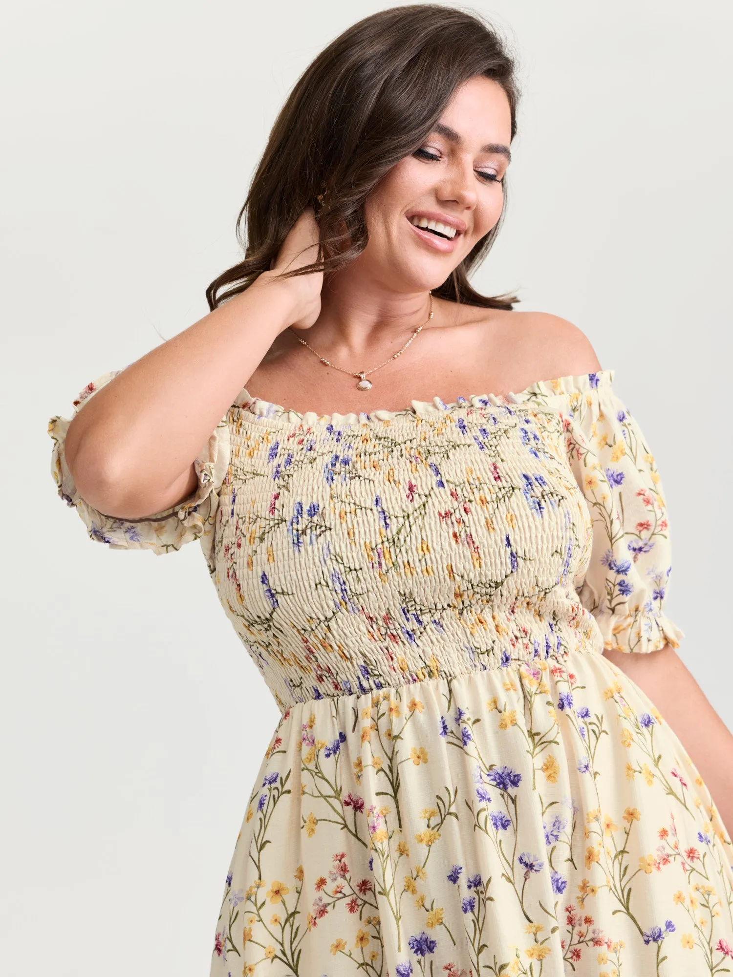 Vanilla Print Shirred Off-Shoulder Midi Dress sold by Bloomchic product image thumbnail 2