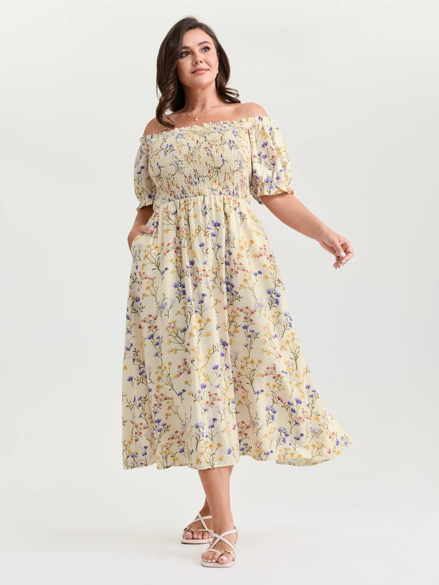 Vanilla Print Shirred Off-Shoulder Midi Dress sold by Bloomchic product image thumbnail 3