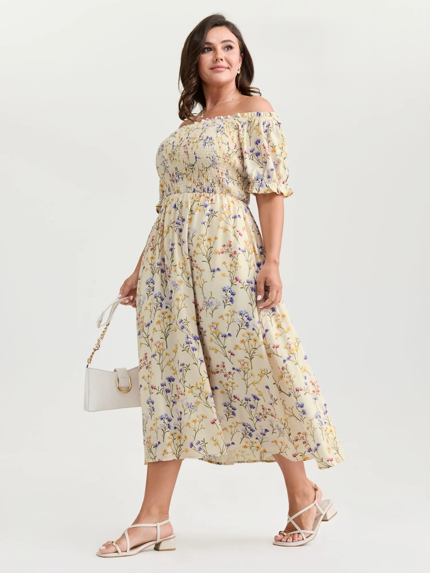 Vanilla Print Shirred Off-Shoulder Midi Dress sold by Bloomchic