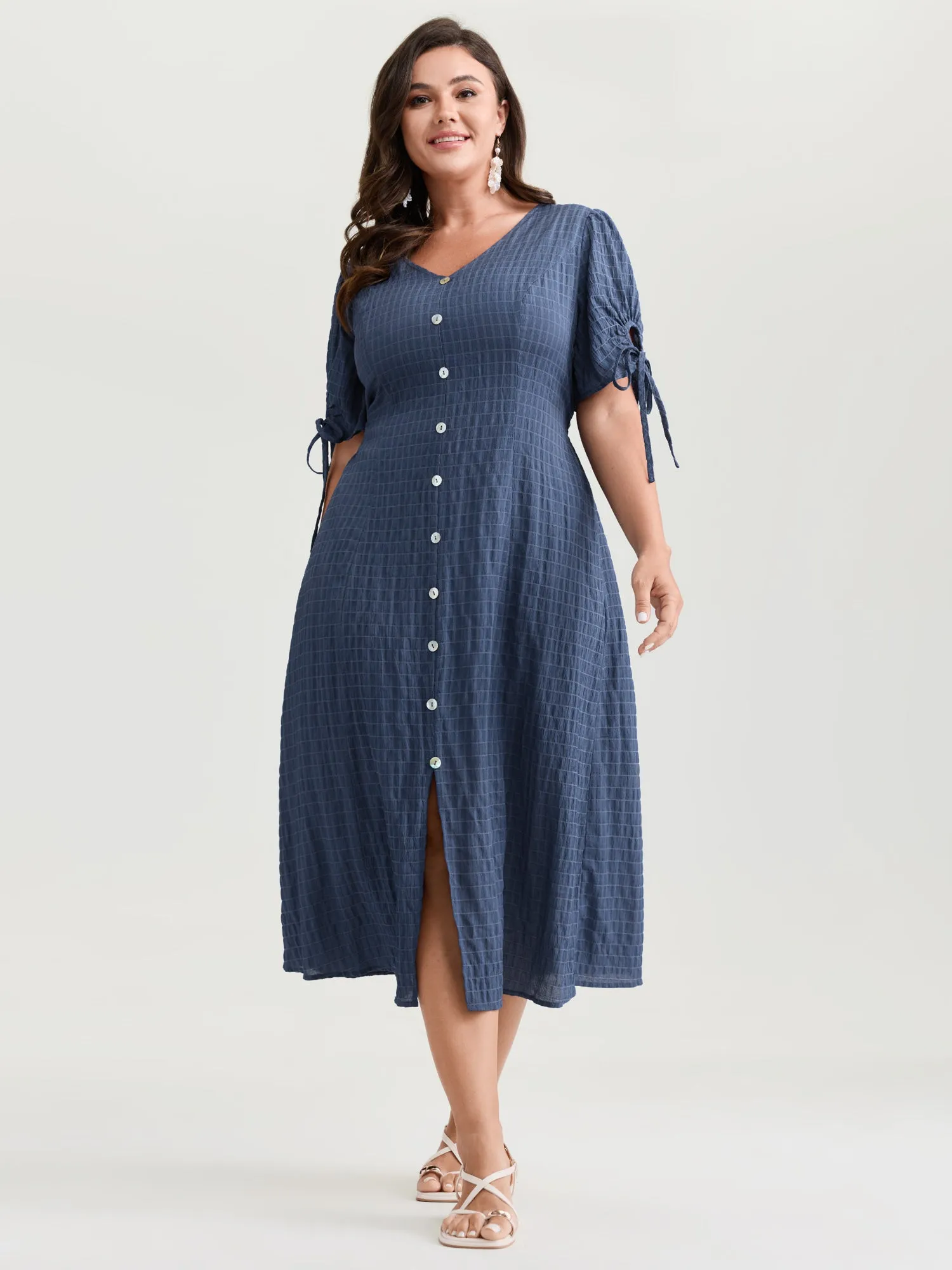 Textured Sleeve-Tie Pockets Midi Dress sold by Bloomchic product image thumbnail 3