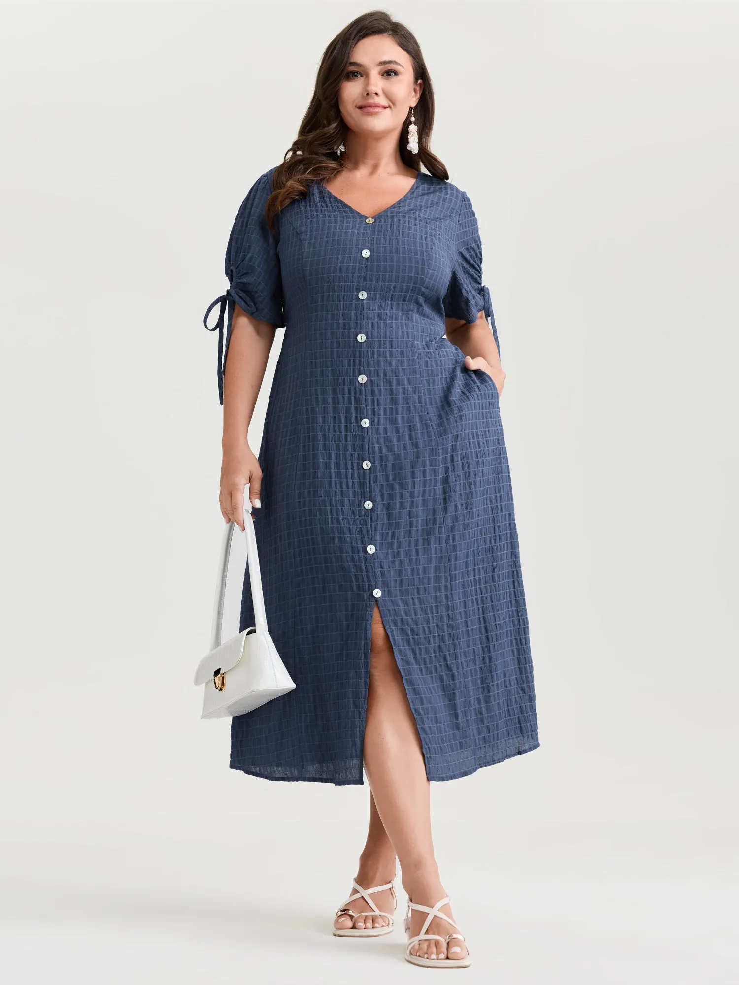 Textured Sleeve-Tie Pockets Midi Dress sold by Bloomchic
