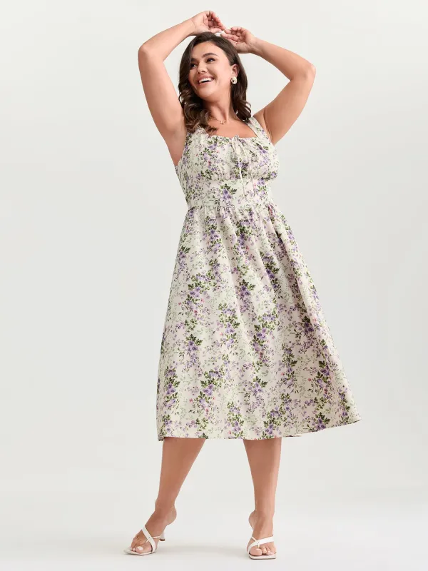 Floral Print Adjustable Bust-Tie Pockets Midi Dress sold by Bloomchic