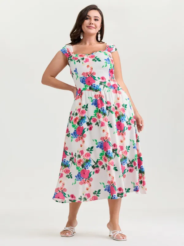 Sweet Floral Print Pockets Shirred Midi Dress sold by Bloomchic