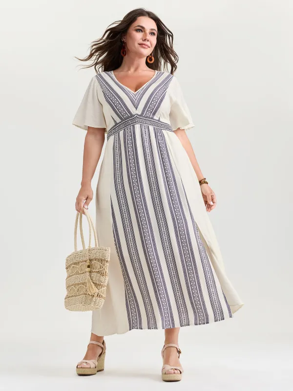 Striped Flared Sleeve V-Neck Maxi Dress made by Bloomchic