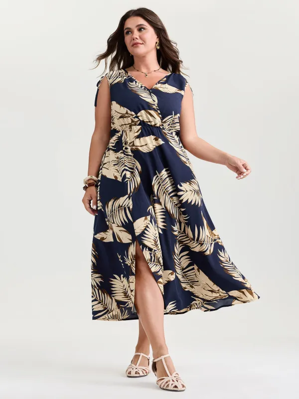 Tropical Print Wrap Neck Shoulder-Tie Midi Dress made by Bloomchic