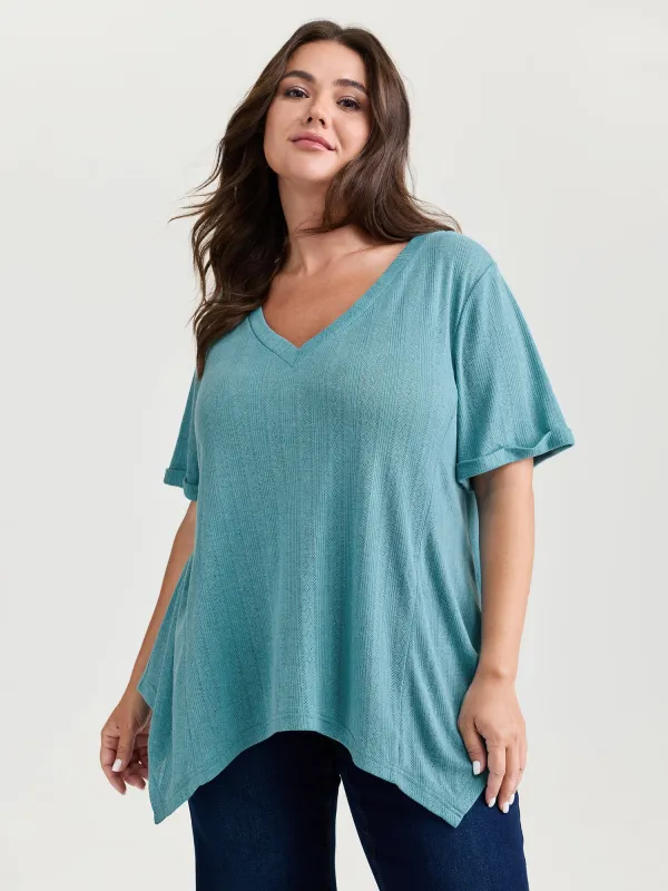 Textured High Low Hem V-Neck T-Shirt sold by Bloomchic