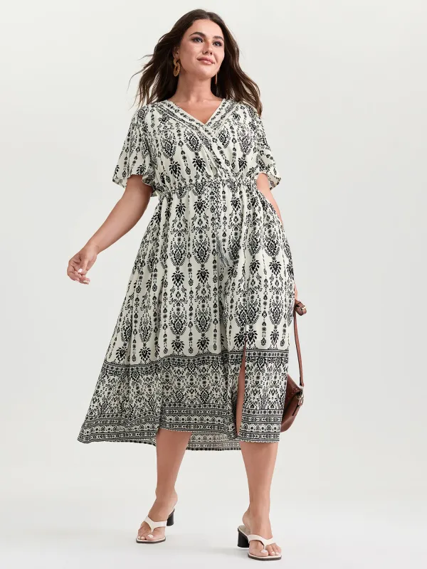 Boho Print Toothpick Pleat Slit Midi Dress made by Bloomchic