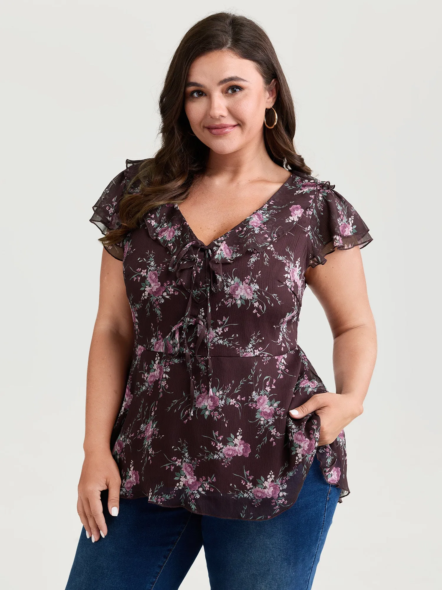 Romantic Floral Print Layered Ruffled Sleeve Blouse sold by Bloomchic