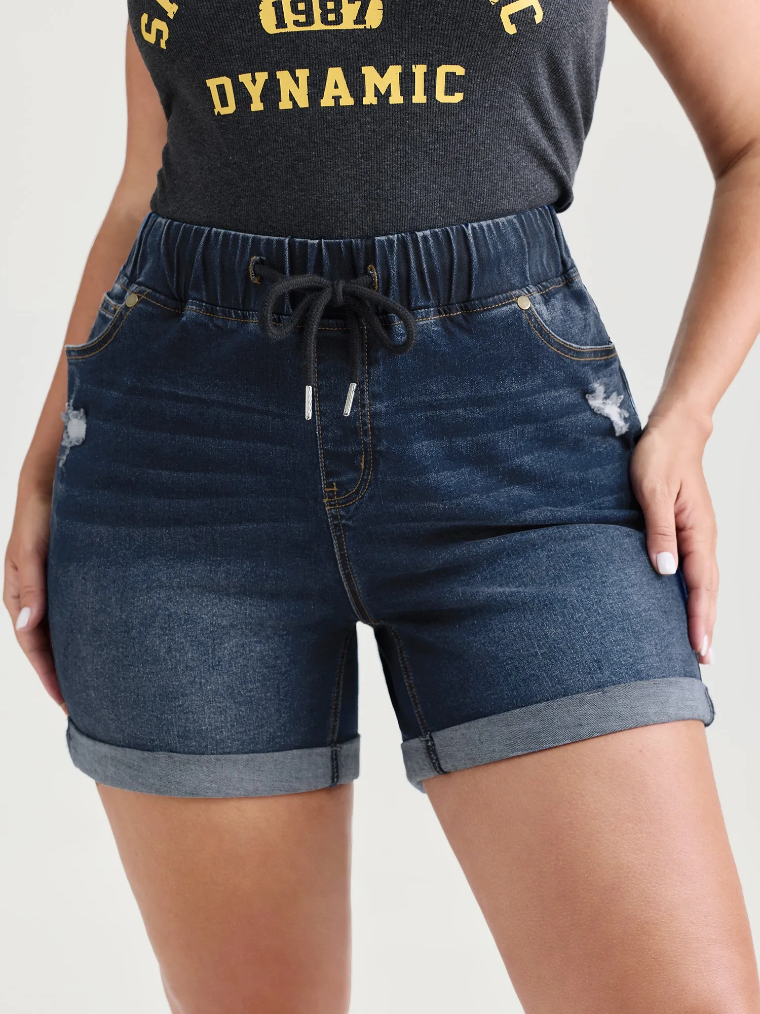 Mid-Rise Drawstring Elastic Waist Denim Shorts sold by Bloomchic