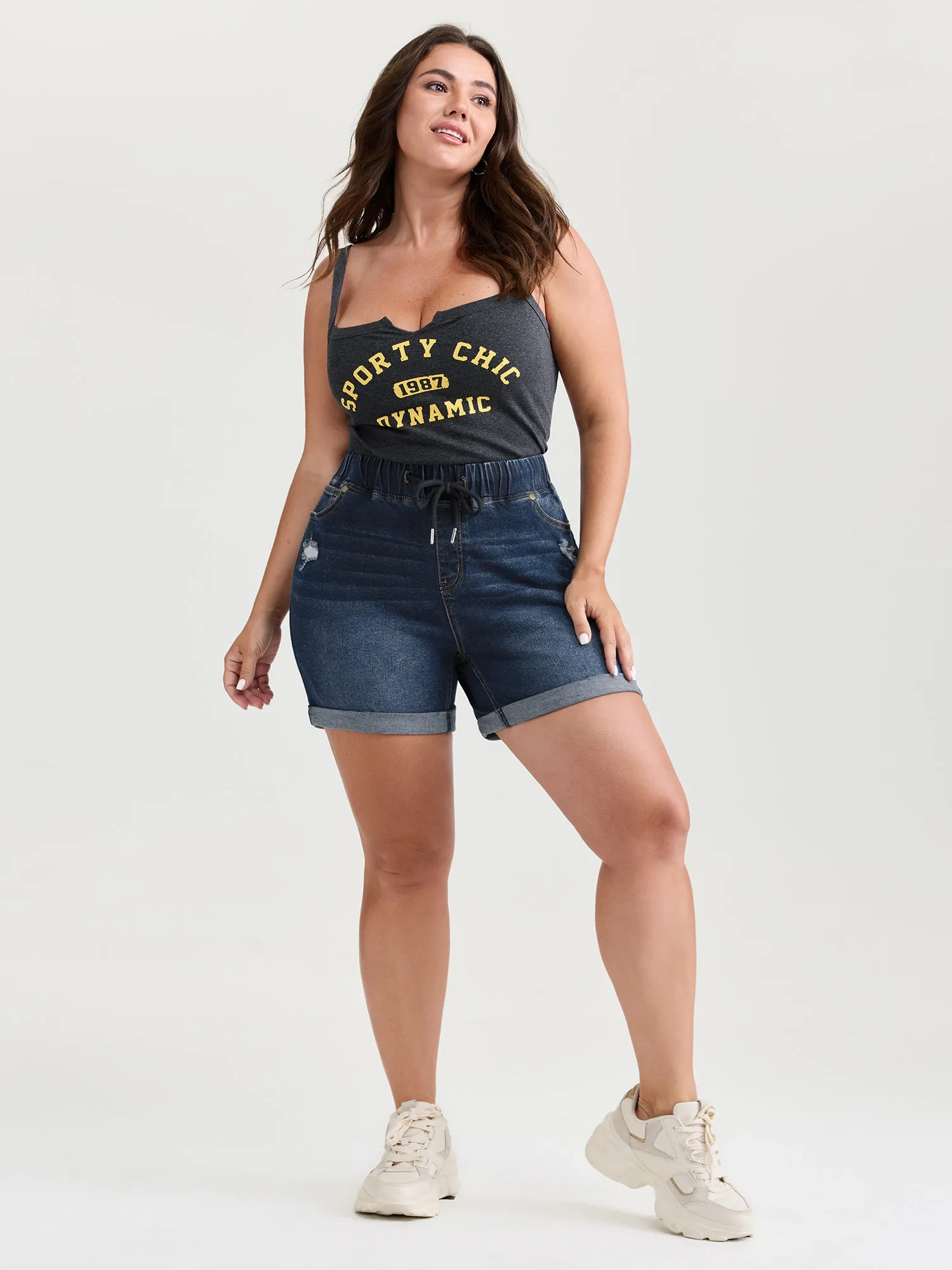 Mid-Rise Drawstring Elastic Waist Denim Shorts sold by Bloomchic product image thumbnail 2