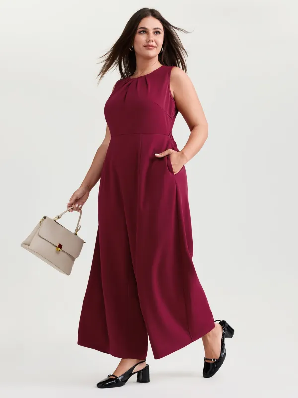 Pleated Neckline Stretchy Waist Jumpsuit made by Bloomchic