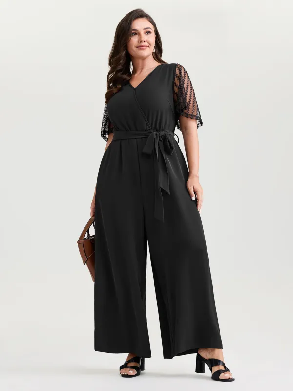 Textured Sheer Sleeve Stretchy Waist Tie Jumpsuit made by Bloomchic