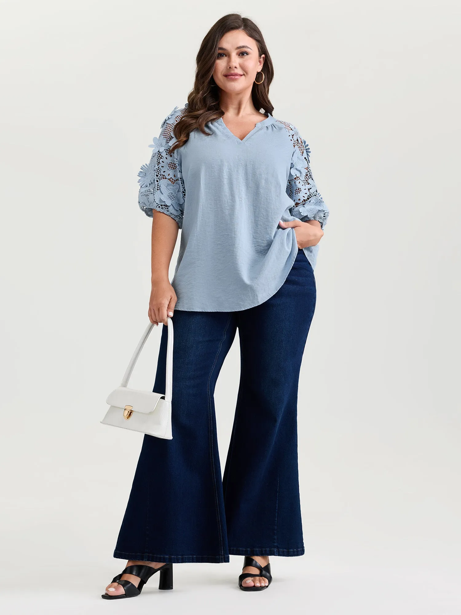 3D Floral Sleeve Spliced Flowy Blouse sold by Bloomchic product image thumbnail 3