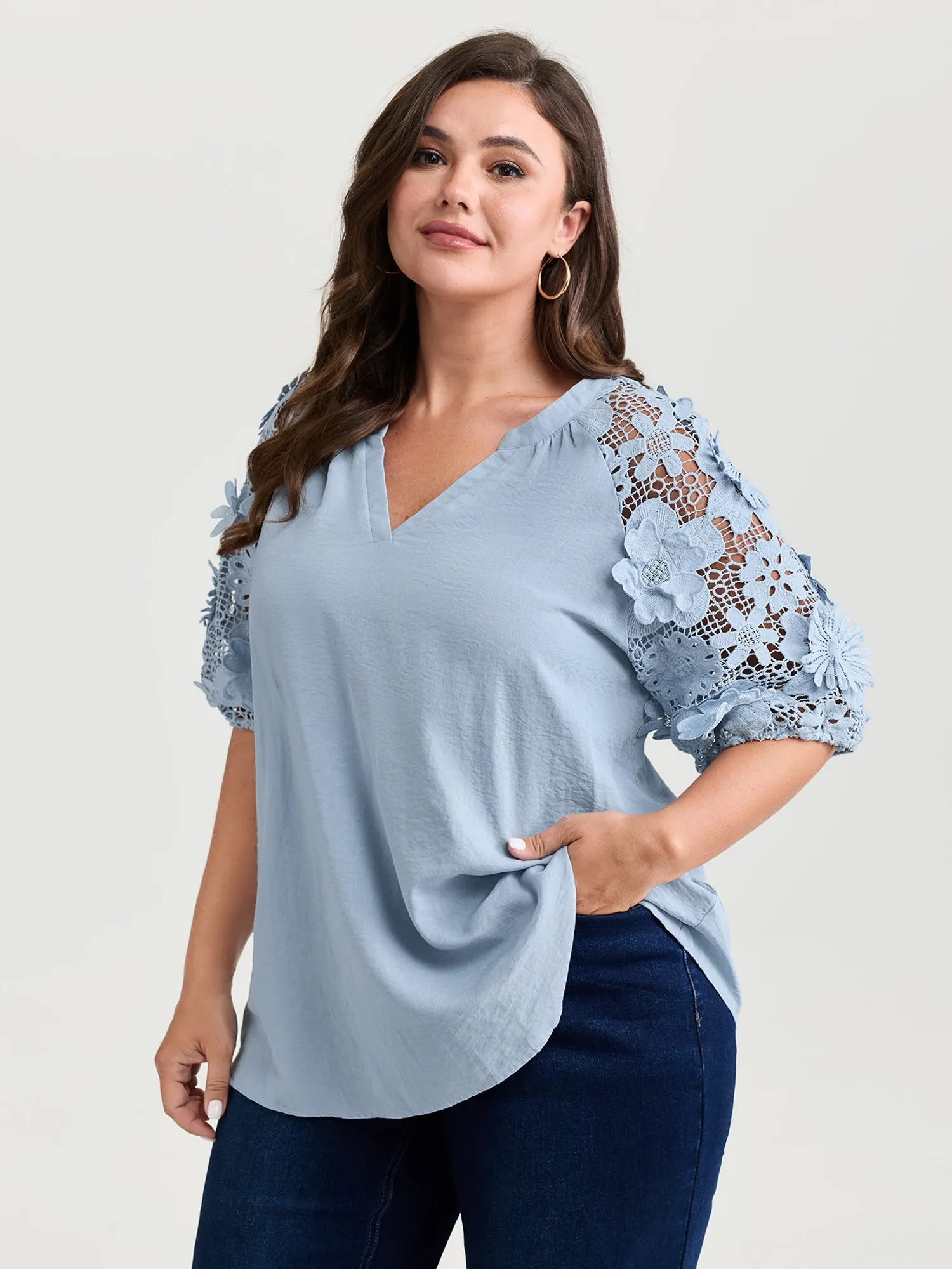 3D Floral Sleeve Spliced Flowy Blouse sold by Bloomchic