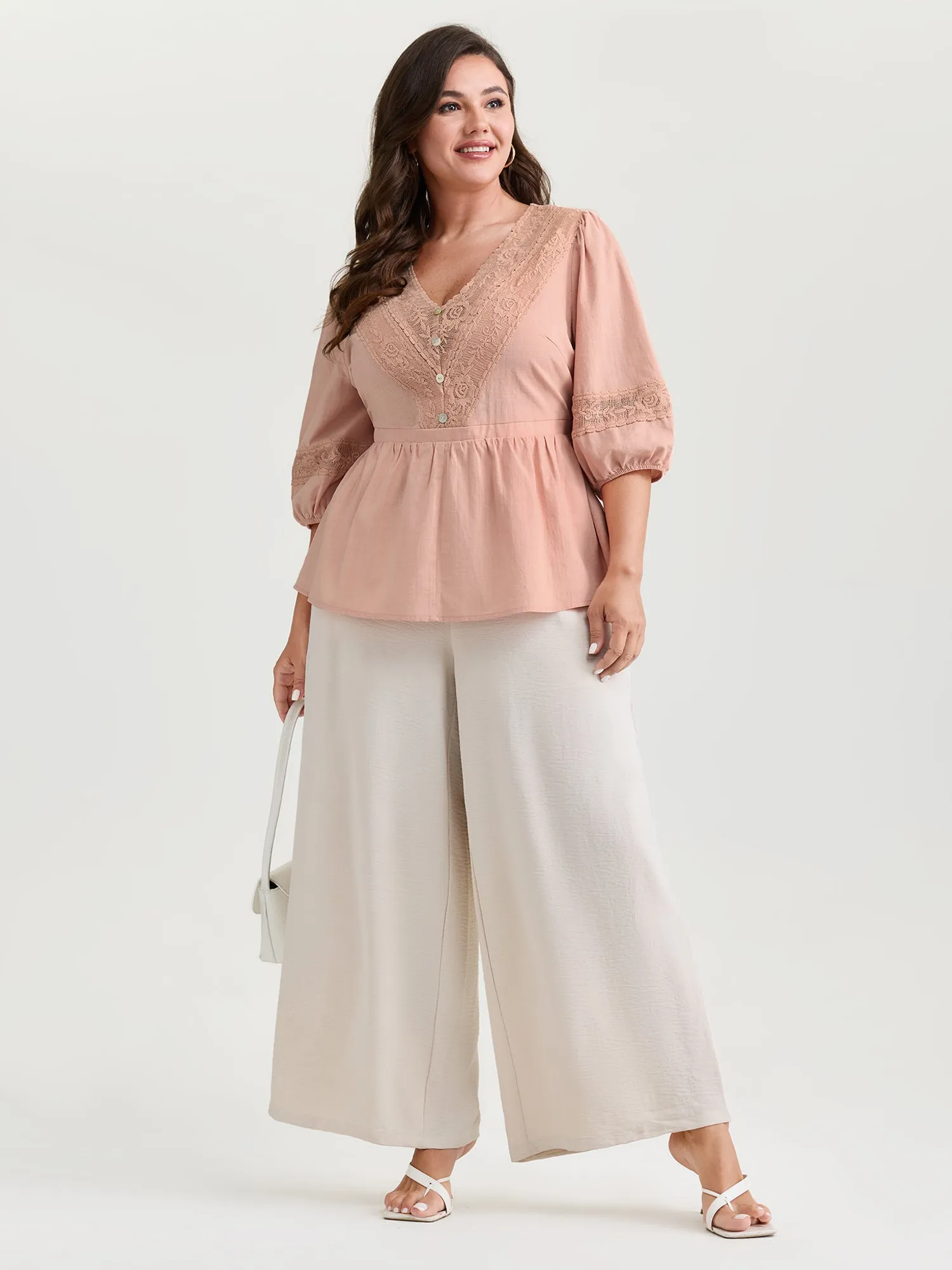 Lace V-Neckline Cinched-Flared Blouse sold by Bloomchic product image thumbnail 3