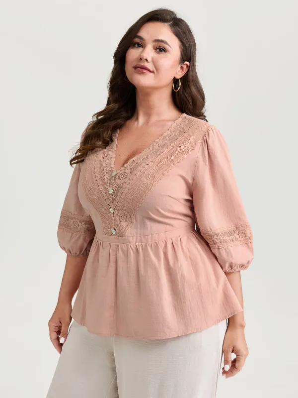 Lace V-Neckline Cinched-Flared Blouse sold by Bloomchic