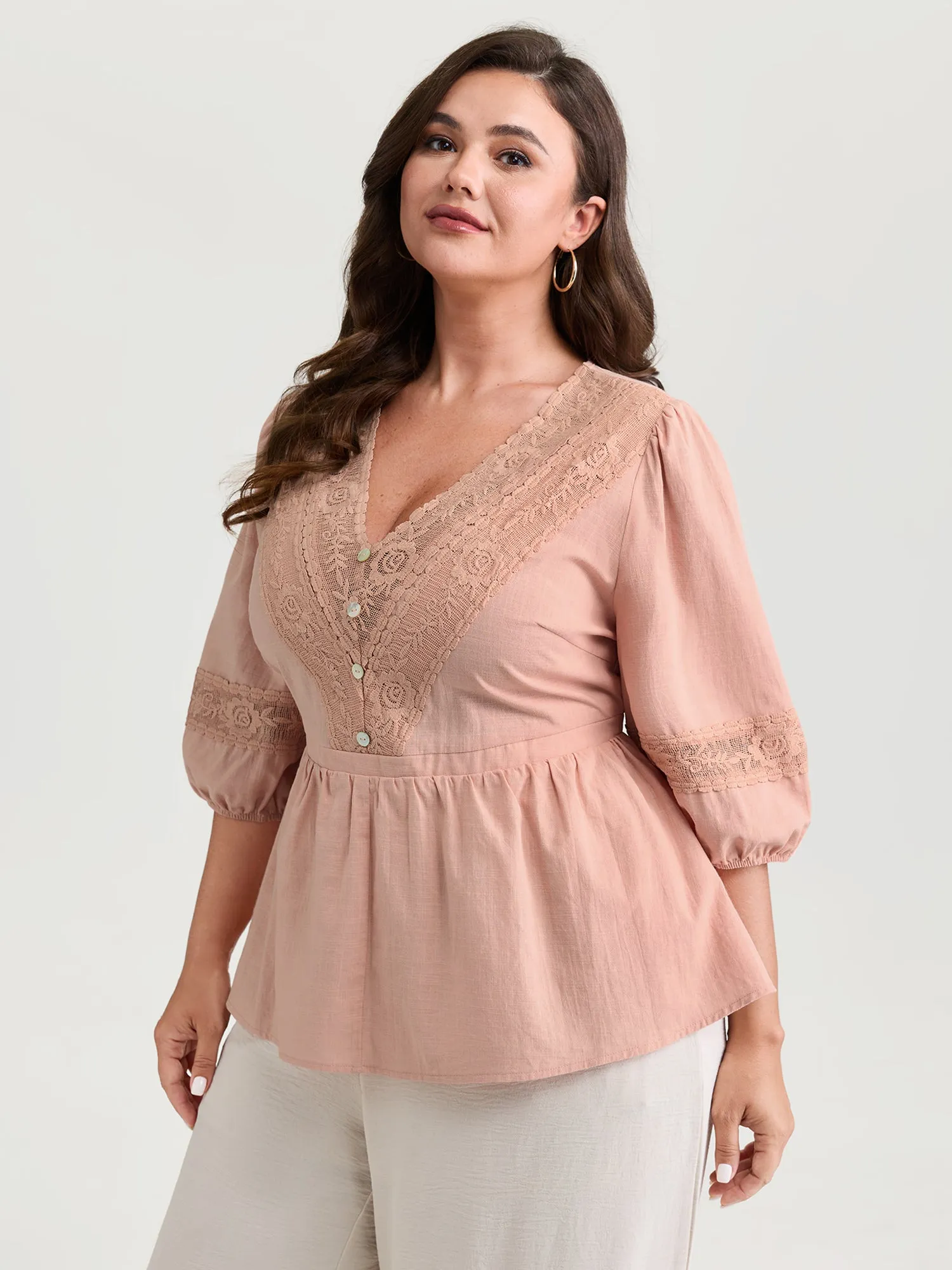 Lace V-Neckline Cinched-Flared Blouse sold by Bloomchic