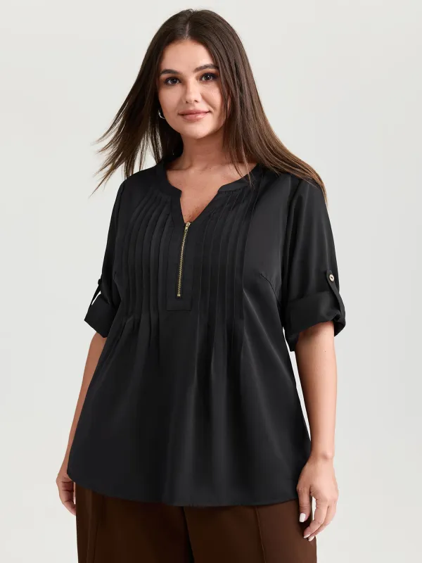 Zipper Front Pleated Flowy Blouse sold by Bloomchic
