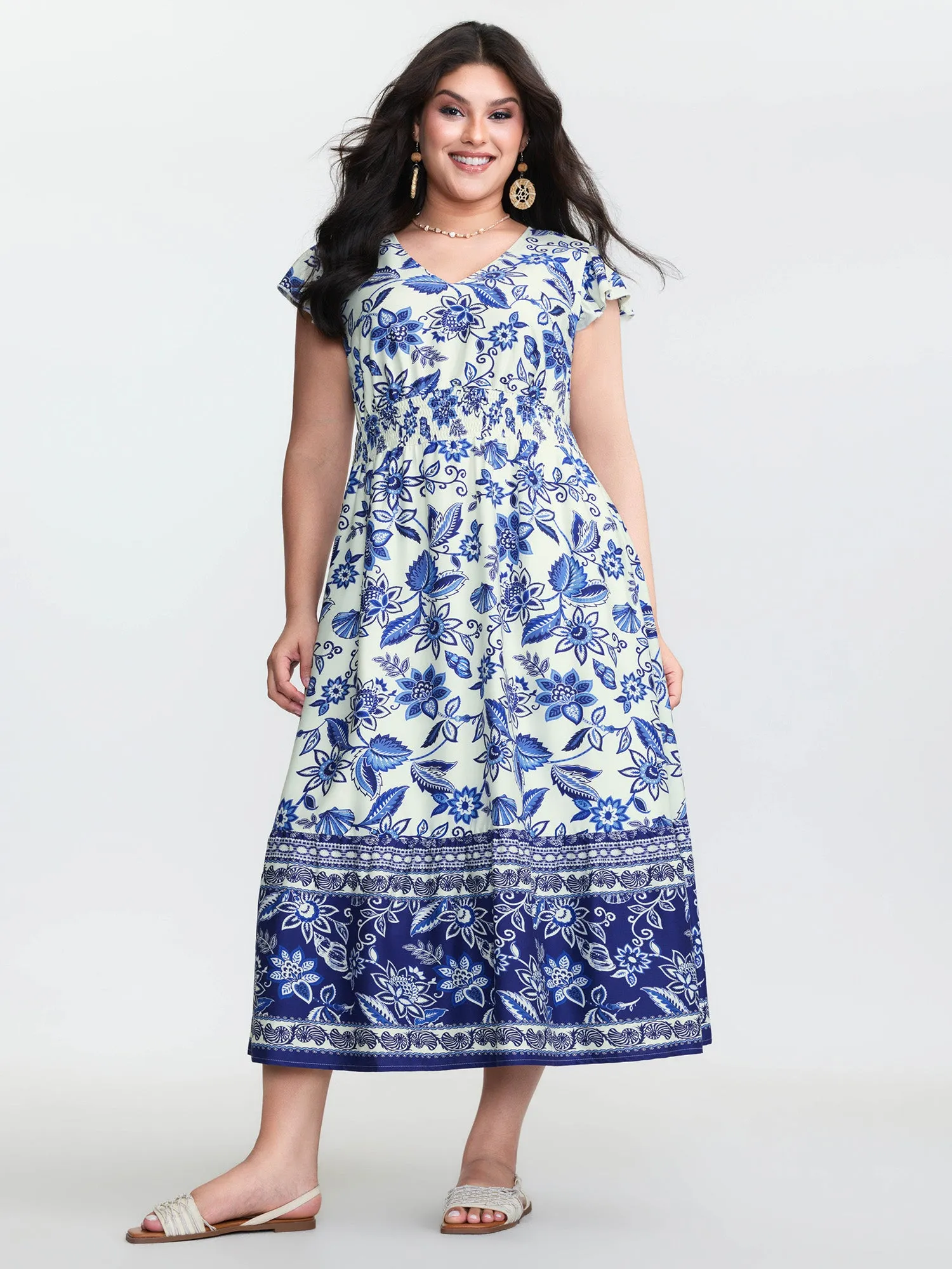 Floral Print Ruffled Sleeve Embroidered Midi Dress sold by Bloomchic product image thumbnail 3