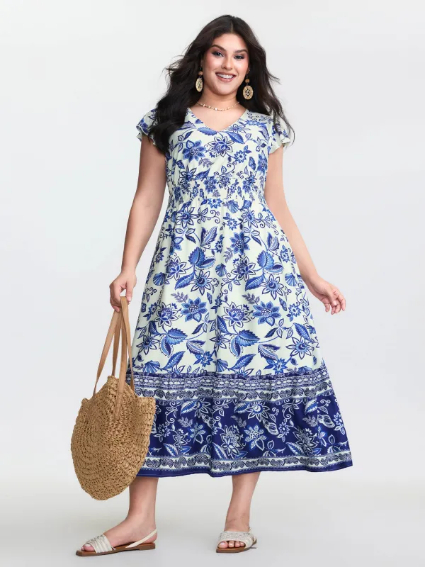 Floral Print Ruffled Sleeve Embroidered Midi Dress sold by Bloomchic