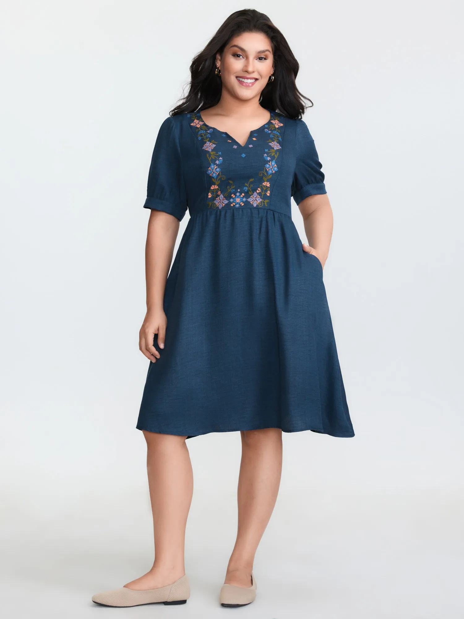 Floral Embroidered Neckline Textured Midi Dress sold by Bloomchic product image thumbnail 3