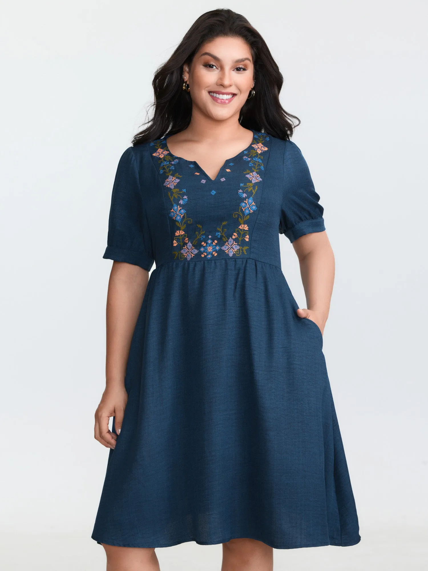 Floral Embroidered Neckline Textured Midi Dress sold by Bloomchic