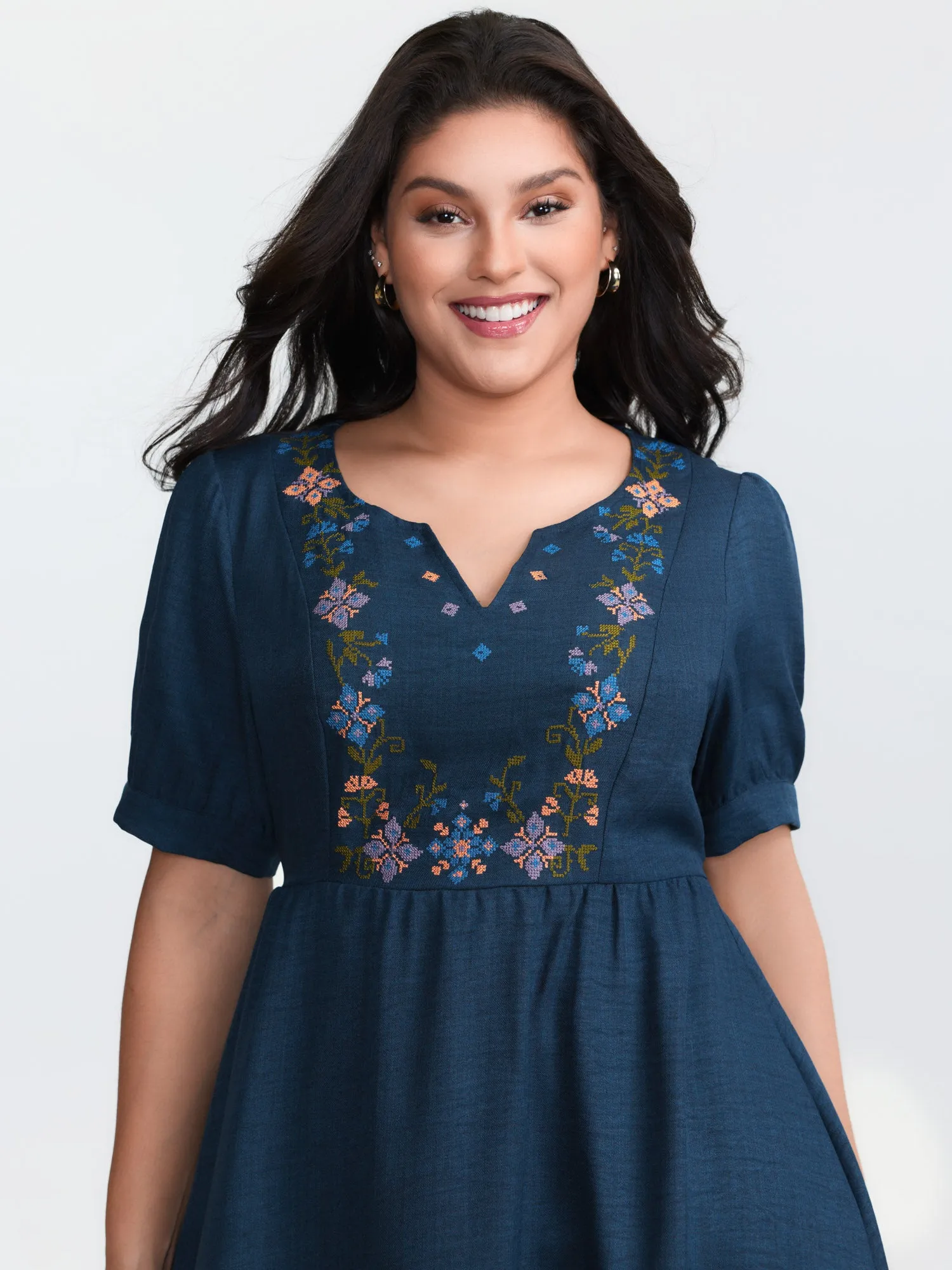 Floral Embroidered Neckline Textured Midi Dress sold by Bloomchic product image thumbnail 2