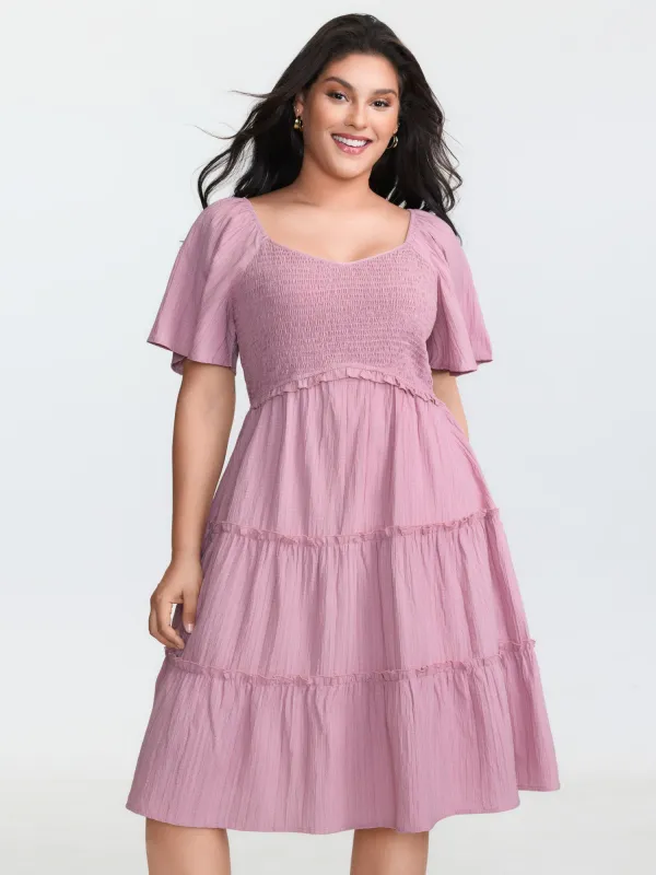 Shirred Bodice Flared Sleeve Pockets Mini Dress made by Bloomchic