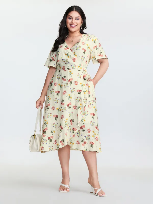 Floral Print Wrap Neckline Pockets Midi Dress made by Bloomchic