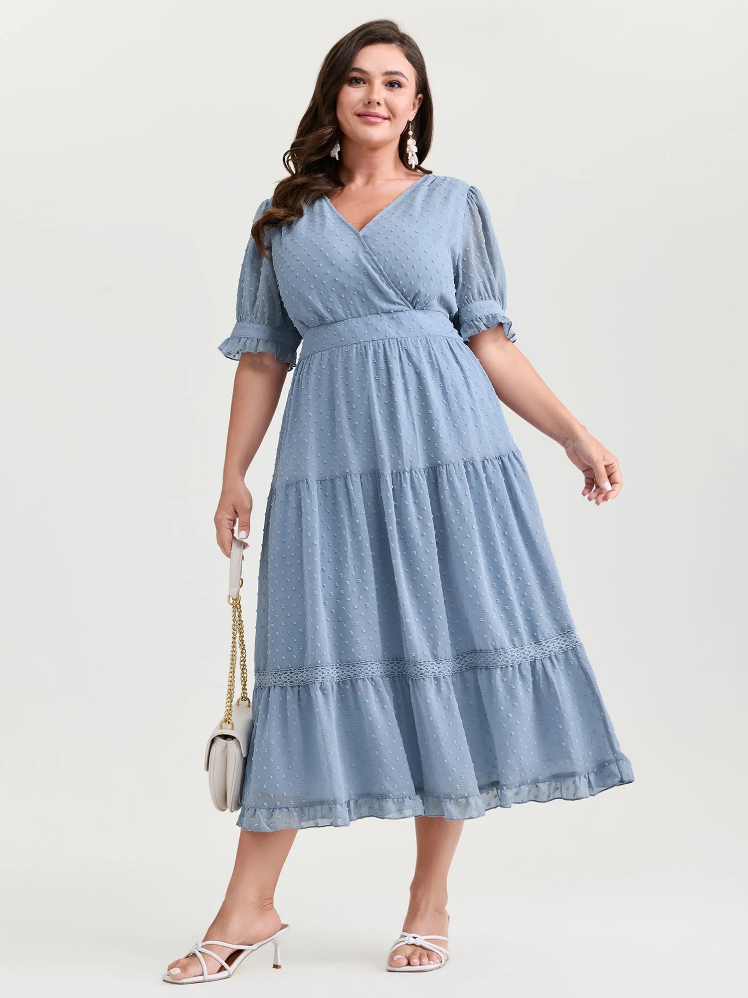 Textured Lace Trim Wrap Neckline Tiered Midi Dress sold by Bloomchic